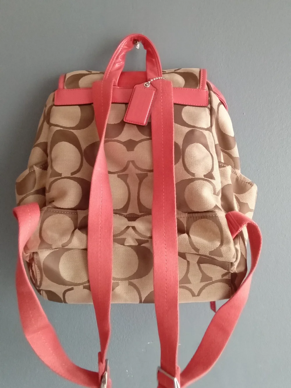 Coach Signature Jacquard Backpack Khaki Brown Coral Pink F1615-F21928 - Picture 3 of 5